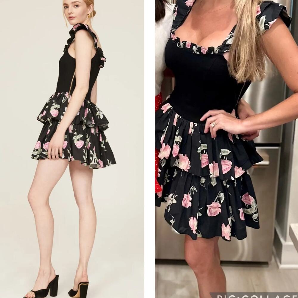 LoveShackFancy Sanam Mini Dress Black Floral Tiered Ruffles Flutter Sleeves 10